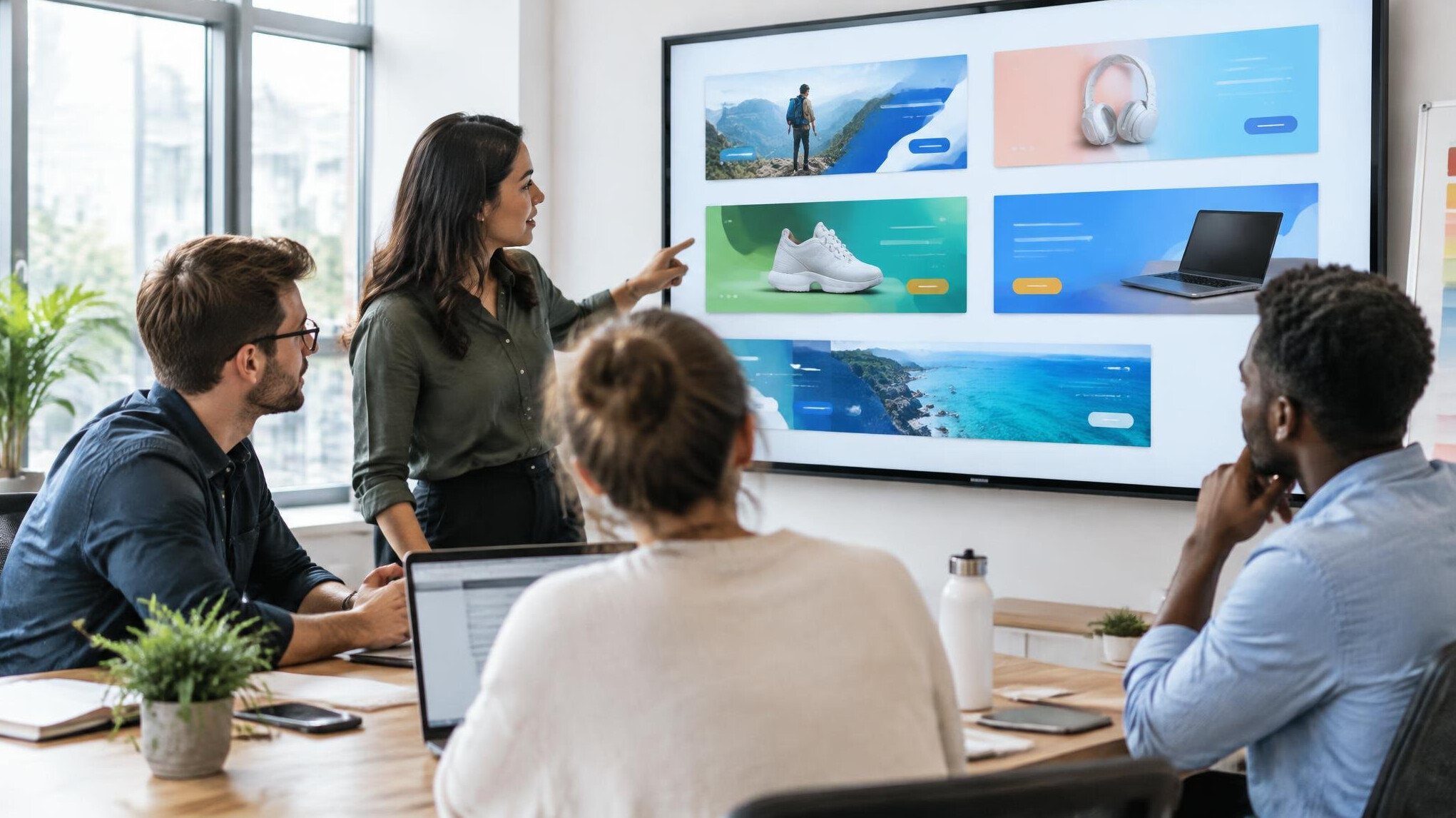 Marketing team reviewing banner designs on a screen