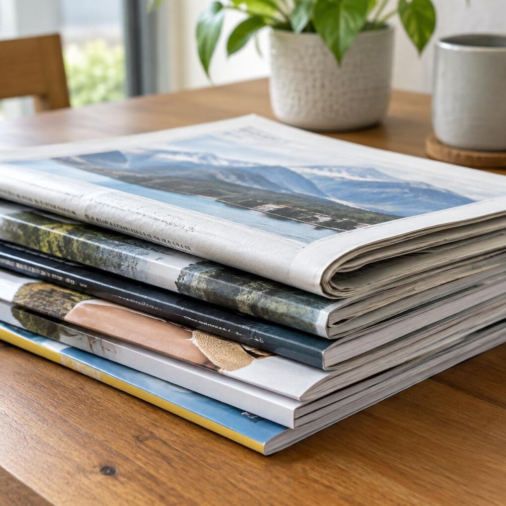 Stack of printed newspapers and magazines