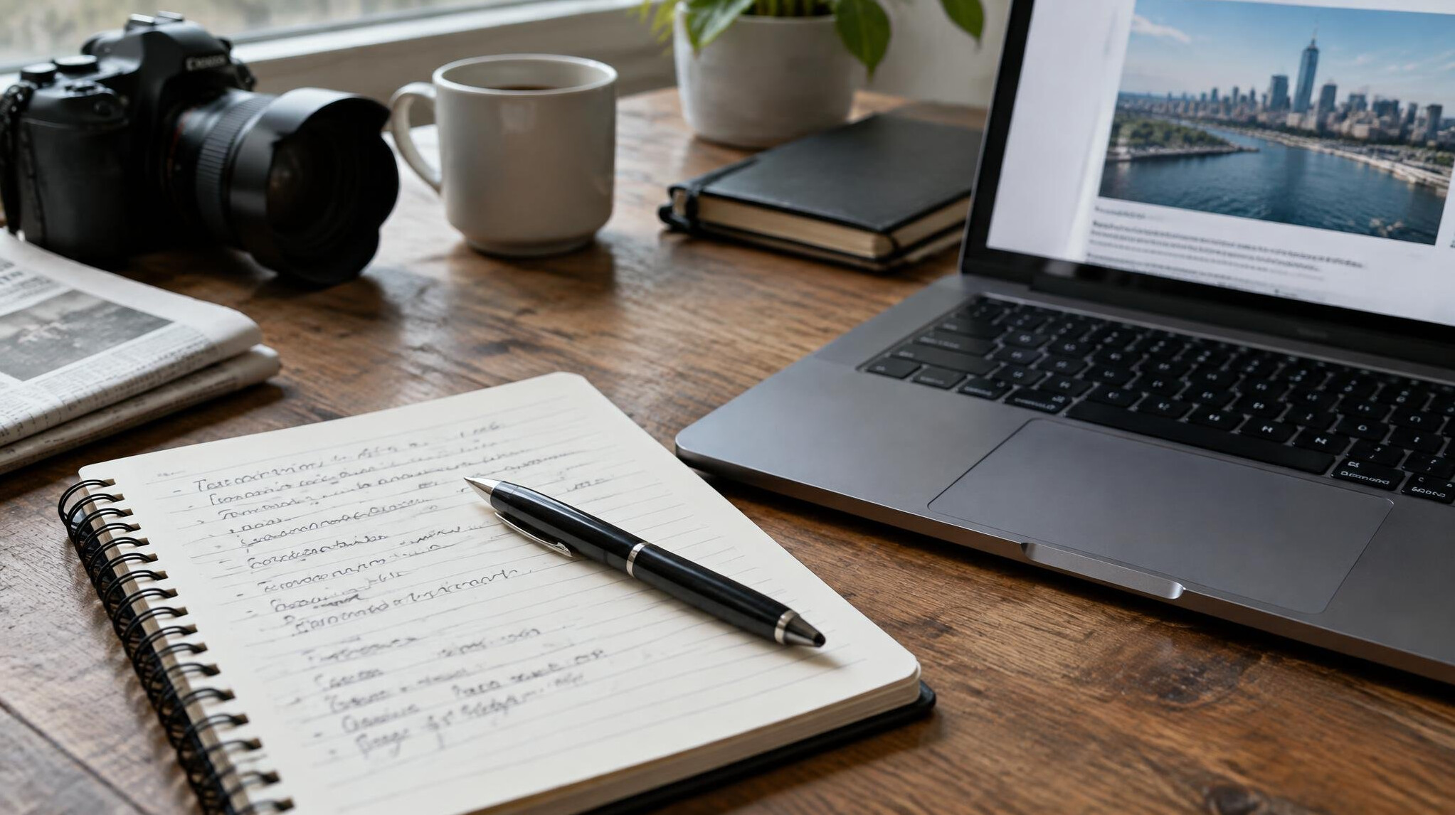 Journalist taking handwritten notes next to a laptop